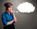 Pretty lady thinking about cloud speech or thought bubble with c Royalty Free Stock Photo