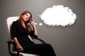 Pretty lady thinking about cloud speech or thought bubble with c Royalty Free Stock Photo