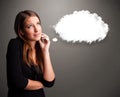 Pretty lady thinking about cloud speech or thought bubble with c Royalty Free Stock Photo