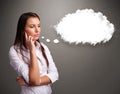 Pretty lady thinking about cloud speech or thought bubble with c Royalty Free Stock Photo