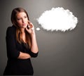 Pretty lady thinking about cloud speech or thought bubble with c Royalty Free Stock Photo