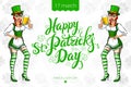 Pretty leprechaun girl with beer, St. Patrick's Day logo design with space for text,