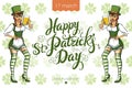 Pretty leprechaun girl with beer, St. Patrick's Day logo design with space for text,