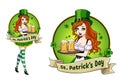 Pretty leprechaun girl with beer, St. Patrick s Day logo design with space for text Royalty Free Stock Photo