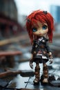 Neglected and lonely lifelike doll with bright red dyed hair in abandoned city backstreets - generative AI