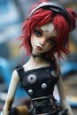 Neglected and lonely lifelike doll with bright red dyed hair in abandoned city backstreets - generative AI
