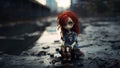 Neglected and lonely lifelike doll with bright red dyed hair in abandoned city backstreets - generative AI