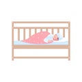 a pretty little baby sleeps in her crib in a blue cap and pajamas under a blanket. Vector illustration on a white Royalty Free Stock Photo