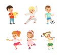 Pretty Little Boy and Girl Playing Sport Game Like Football, Golf, Roller Skating, Tennis and Karate Vector Set Royalty Free Stock Photo