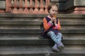 Pretty little child girl eating ice cream outdoors food, desser Royalty Free Stock Photo