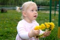 Pretty little girl with dandelion flower garland. Royalty Free Stock Photo