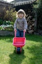 pretty little girl gardening with her plastic wheelbarrow at spring