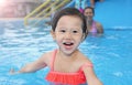 Pretty little girl with her mother in swimming pool outdoors Royalty Free Stock Photo