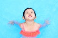 Pretty little girl playing in swimming pool outdoors Royalty Free Stock Photo