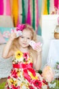 Pretty little girl n a spring easter studio decorations