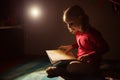 Pretty little girl reading book in her hiding place with flashlight at darkness Royalty Free Stock Photo