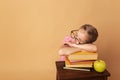 Pretty little girl schoolgirl with books and apple. School concept. Back to School. World books day Royalty Free Stock Photo