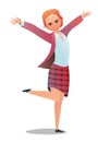 Pretty little girl student. Cheerful schoolgirl in plaid skirt. Standing pose. Cartoon flat design in comic style