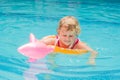 Pretty little girl swimming in outdoor pool and have a fun with inflatable circle Royalty Free Stock Photo