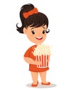 Pretty little girl with tasty popcorn. Cute cartoon character. Vector illustration. Royalty Free Stock Photo