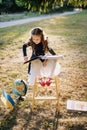 Pretty Little Primary Schoolgirl Read Book Outside