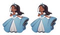 Pretty little princess with black hair and tan skin wearing blue ball dress