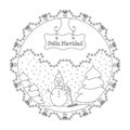 Snowman and fir tree. Snow falling. Winter decor. Christmas mandala coloring page. With text Merry Christmas in Spanish.