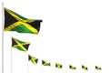 Pretty many Jamaica flags placed diagonal isolated on white with space for your text - any holiday flag 3d illustration