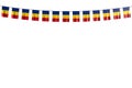 pretty many Romania flags or banners hanging on rope isolated on white - any feast flag 3d illustration Royalty Free Stock Photo