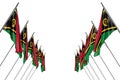 pretty many Vanuatu flags hangs on diagonal poles from left and right sides isolated on white - any holiday flag 3d illustration
