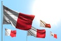 Beautiful 5 flags of Malta are waving against blue sky image with soft focus - any feast flag 3d illustration