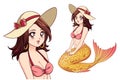 Pretty mermaid with brown hair and shiny yellow fish tail