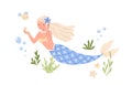 Pretty mermaid with long blonde hair and blue fish tail swimming at sea bed and looking in seashell mirror. Cute