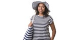 Pretty mixed race young woman in striped beach nautical summer c