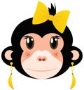 Pretty Monkey Girl in Banana Earrings and Yellow Hair Bow Isolated on White with Clipping Path Royalty Free Stock Photo