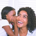 Pretty mother sitting on the couch with her daughter whispering a secret