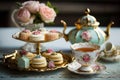 A pretty Mothers\' Day high tea with flowers, cake and coffee.