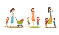 Pretty Mothers Walking with their Little Kids Set, Moms with Naughty Children, Happy Family Concept Cartoon Style Vector