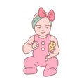 Pretty newborn baby girl dressed in romper suit sitting and holding rattle. Lovely little child or infant with toy