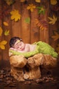 A cute newborn baby in a wreath of cones and berries sleeps on a stub.