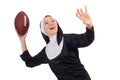 Pretty nun with rugby ball isolated on the white Royalty Free Stock Photo