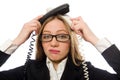 Pretty office employee holding phone isolated on Royalty Free Stock Photo