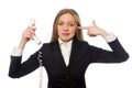 Pretty office employee holding phone isolated on Royalty Free Stock Photo