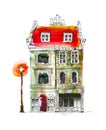 Pretty old house, Sketch with colourful water colour effects Royalty Free Stock Photo