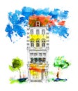 Pretty old house, Sketch with colourful water colour effects Royalty Free Stock Photo