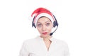 Pretty phone operator in Santa hat over white Royalty Free Stock Photo