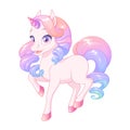 Pretty pink baby unicorn with colorful curly mane. Vector illustration. Royalty Free Stock Photo