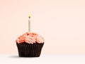 Pretty pink cupcake with candle flame on pink Royalty Free Stock Photo