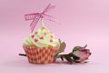 Pretty pink cupcake with pale pink silk rose bud