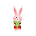 Cute rosy easter bunny with colorful gift in hand isolated on white background
